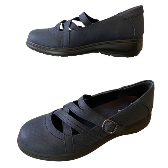 Easy Street Navy Leather Comfort Mary Jane Shoes Buckle Strap Cushioned 7.5 WW - Picture 1 of 9